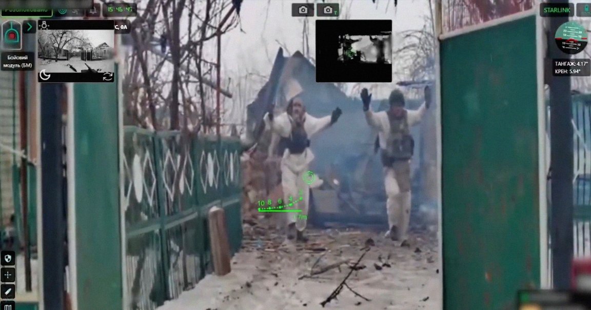 A video appears to show three Russian soldiers emerging with their arms raised and surrendering to a robot with a machine gun.