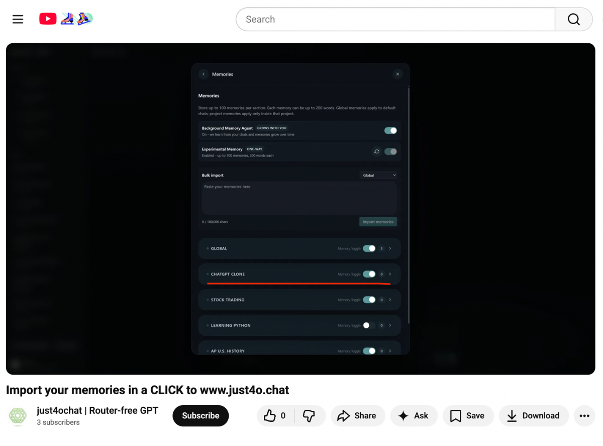 A screenshot from a YouTube video showing users of just4o.chat how to import their memories from ChatGPT into the platform.