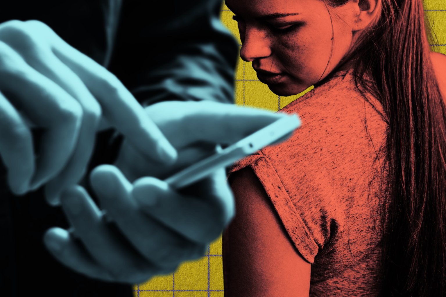 A close-up of a woman with long hair and a textured short-sleeve shirt, looking downward with a serious expression. In the foreground, a hand is holding and interacting with a smartphone. The image uses a color overlay effect, with the person in reddish tones and the hand in blue tones, set against a yellow background with a subtle grid pattern.