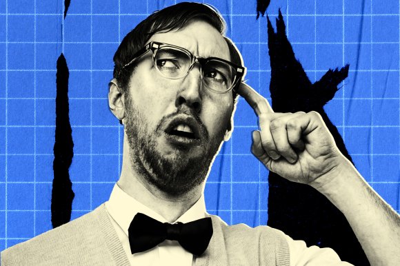 A man with glasses, a beard, and a mustache is wearing a white shirt, a black bow tie, and a light-colored sweater. He has a puzzled expression, with his mouth slightly open and his eyes looking upward. He is touching his temple with his right index finger. The background is blue with a grid pattern and black abstract shapes.