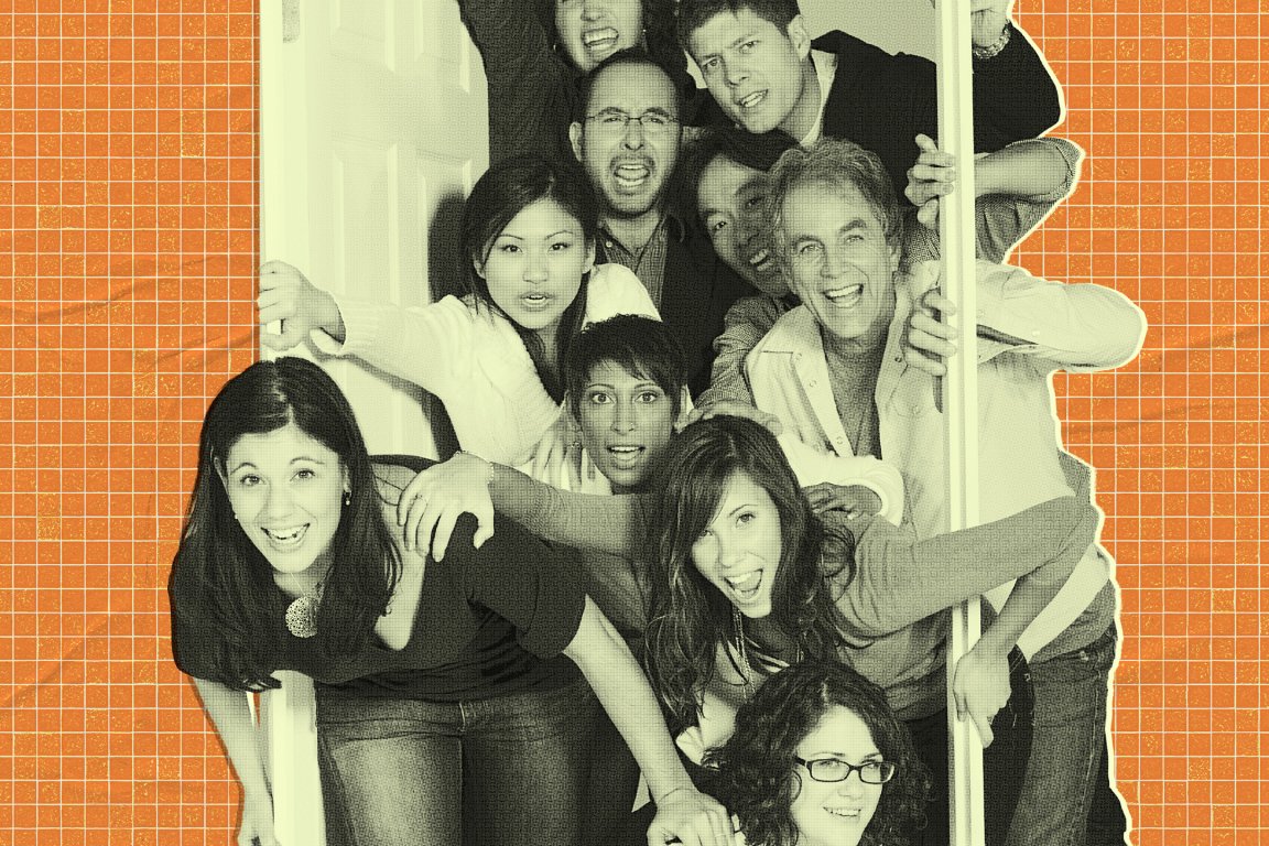 A group of diverse people, both men and women, are closely gathered together, leaning through a doorway. They are smiling and appear enthusiastic and energetic. The image has a textured, vintage filter with an orange grid background.