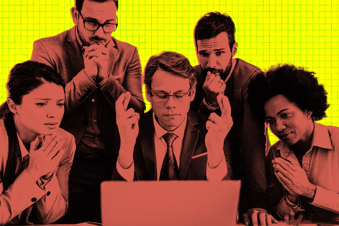Five businesspeople gathered around a laptop, all with anxious or hopeful expressions. The central figure, a man in a suit and glasses, has his eyes closed and fingers crossed. The background is bright yellow with a grid pattern. The image has a red overlay effect.