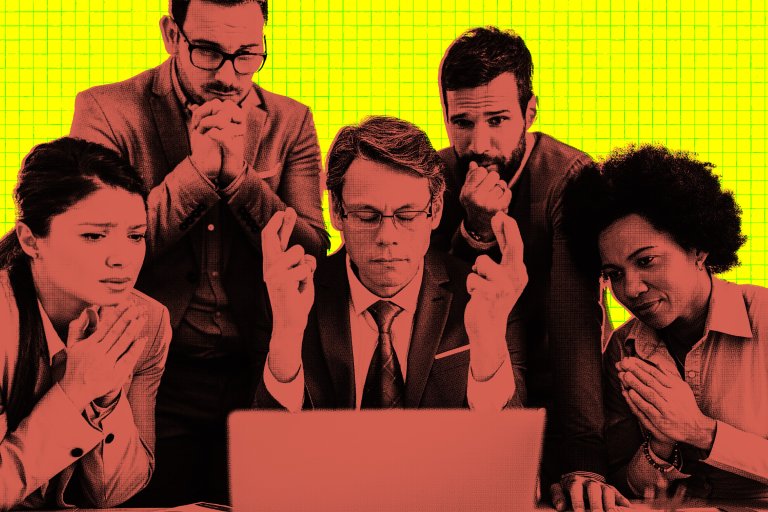 Five businesspeople gathered around a laptop, all with anxious or hopeful expressions. The central figure, a man in a suit and glasses, has his eyes closed and fingers crossed. The background is bright yellow with a grid pattern. The image has a red overlay effect.