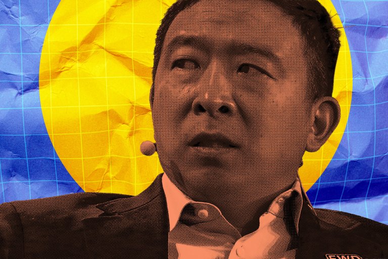 Close-up of Andrew Yang wearing a dark suit jacket and a light-colored shirt, with a microphone headset on his left cheek. The background features a large yellow circle over a blue grid pattern with a crumpled paper texture. The image has a halftone effect applied to the man's face and clothing.