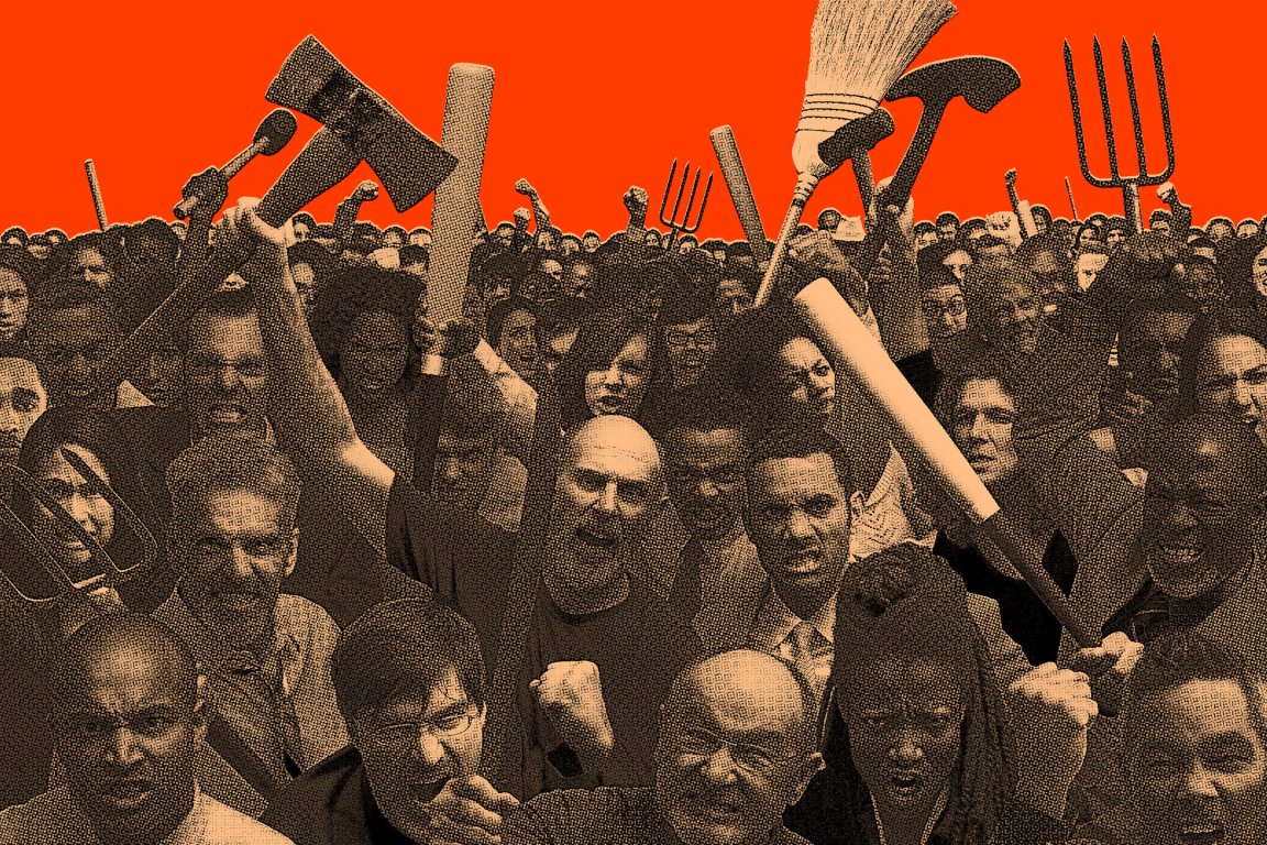 A large crowd of angry people holding various weapons and tools such as axes, pitchforks, bats, and brooms, raising their fists and weapons in protest or revolt. The image has a halftone effect with a strong orange background.