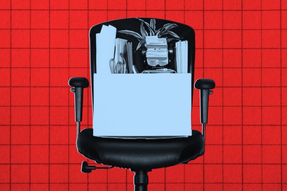 Black office chair with a box of office supplies on the seat, including scissors, folders, a Rolodex, and a small plant, set against a red background with a subtle grid pattern.