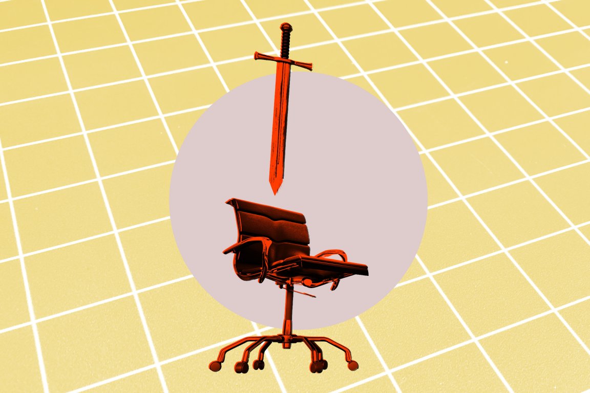A red office chair with armrests and wheels is positioned below a red sword pointing downward. Both objects are centered within a light purple circle, set against a yellow grid background.
