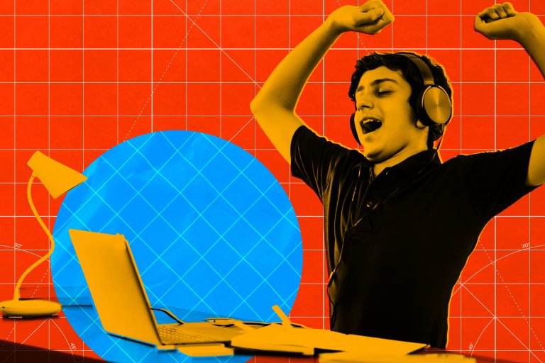 A young person wearing headphones is stretching with arms raised and eyes closed, appearing joyful or relaxed. In front of them is a laptop, a desk lamp, and some notebooks or papers. The background features a bright orange grid pattern with a large blue circle behind the laptop. The image uses a bold color overlay effect with yellow, orange, and blue tones.