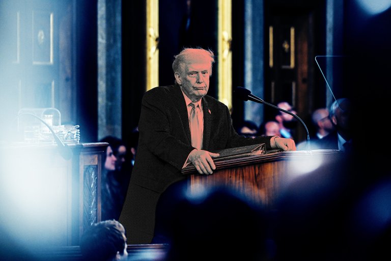 Donald Trump standing behind a wooden podium, speaking into a microphone in a formal setting with an audience in the background. The image has a stylized, high-contrast effect with a blue and orange color tone.