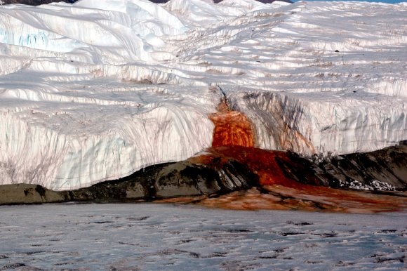 Antarctica's Blood Falls, with a striking orange-red flow of liquid running down the side of a glacier onto the rocky ground below. The glacier is predominantly white with some blue and gray shading, and the orange-red flow contrasts sharply against the icy surface. The foreground shows a frozen or snow-covered area.