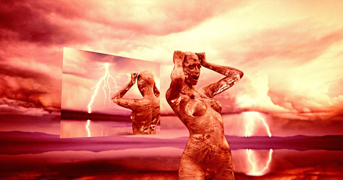A surreal scene featuring a metallic, copper-colored female figure with a textured surface, holding her head with both hands. Behind her is a large reflective mirror showing her back and a lightning strike in the background. The sky is filled with dramatic, reddish-orange clouds, and the ground appears reflective, mirroring the intense sky and lightning.