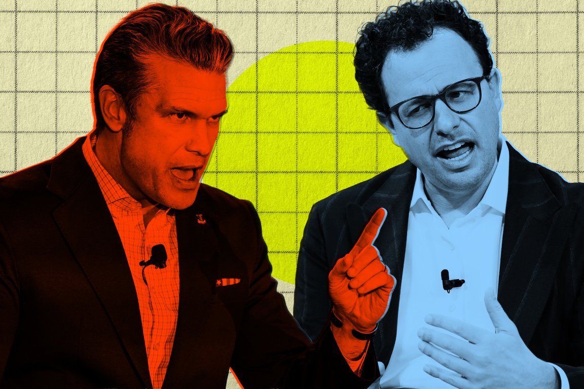 Pete Hegseth and Dario Amodei are shown in a stylized illustration. The background features a grid pattern with a large yellow circle behind them.