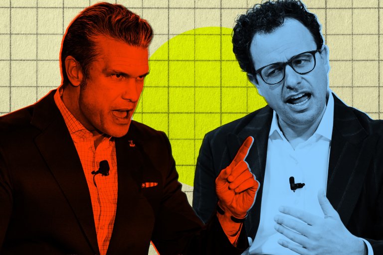 Pete Hegseth and Dario Amodei are shown in a stylized illustration. The background features a grid pattern with a large yellow circle behind them.