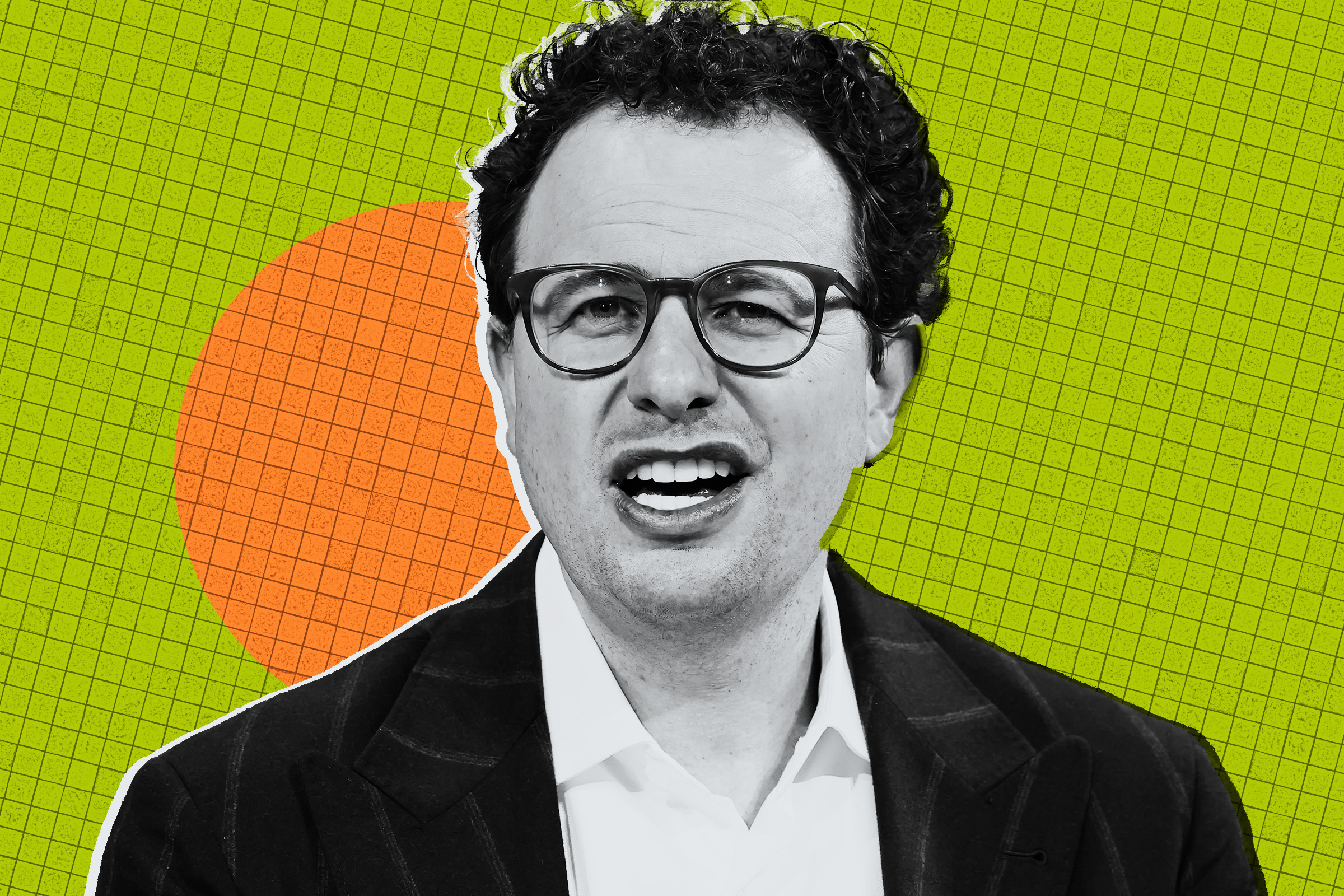Anthropic CEO Dario Amodei is shown with curly dark hair and glasses is wearing a dark pinstripe suit jacket over a white shirt. He has a slightly open mouth expression. The background is a green grid pattern with an orange circle behind his head.