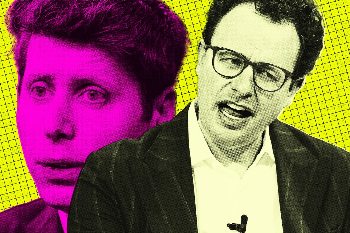 Sam Altman and Dario Amodei are featured in a stylized, high-contrast image with a yellow grid background. The image has a halftone texture effect.