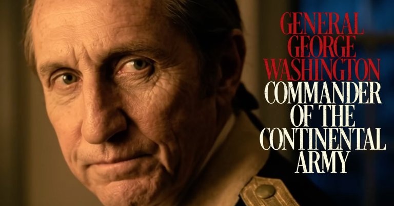 Close-up of an older man with light skin and green eyes, wearing a historical military uniform with a beige collar and a button. Text on the right side reads "GENERAL GEORGE WASHINGTON COMMANDER OF THE CONTINENTAL ARMY" in red and white capital letters.