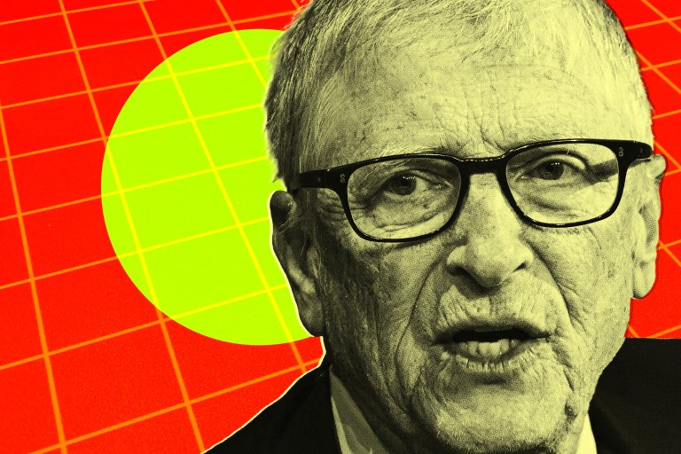 Close-up of Bill Gates, shown in a yellowish tint. The background features a red grid pattern with a large green circle behind the Gates' head.