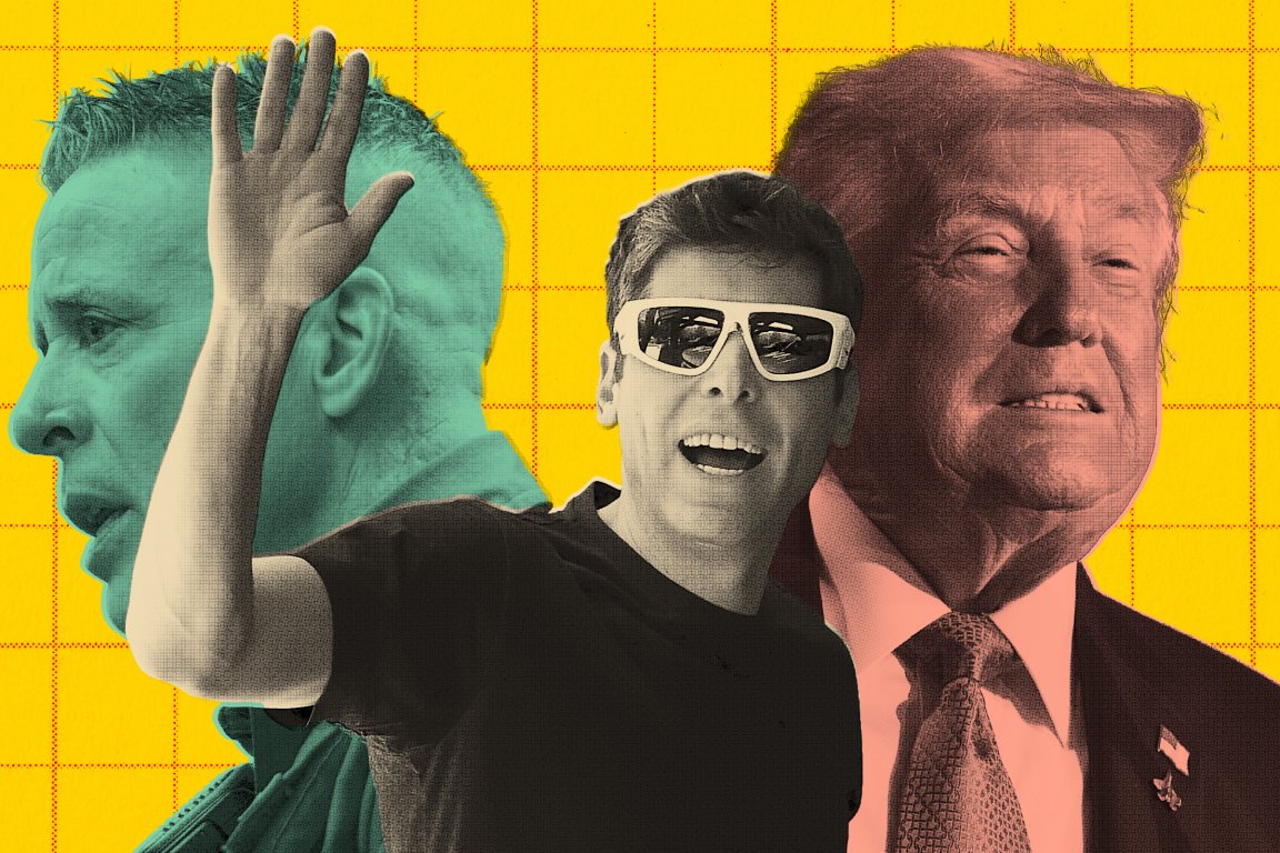 A digital collage features Sam Altman, Donald Trump, and Greg Bovino against a yellow background with a red grid pattern.