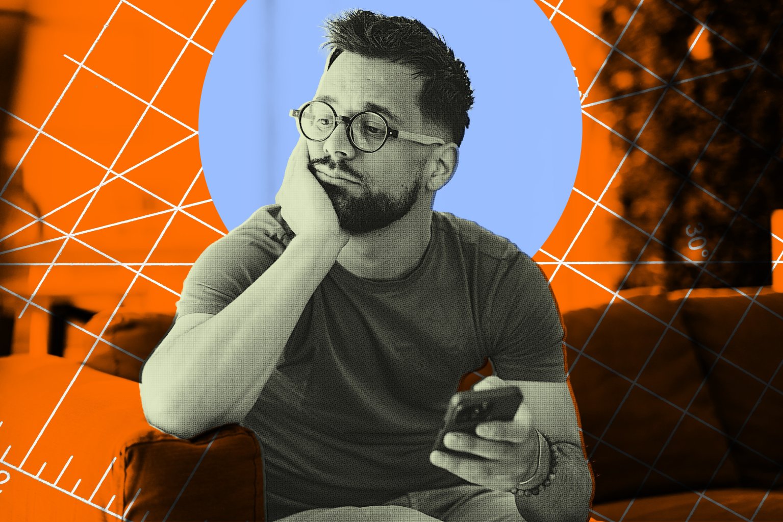 A bearded man with short hair and round glasses is sitting on a couch, resting his head on his hand with a thoughtful or bored expression. He is holding a smartphone in his other hand. The image has a stylized overlay with an orange background, white geometric lines, and a blue circle behind the man's head.