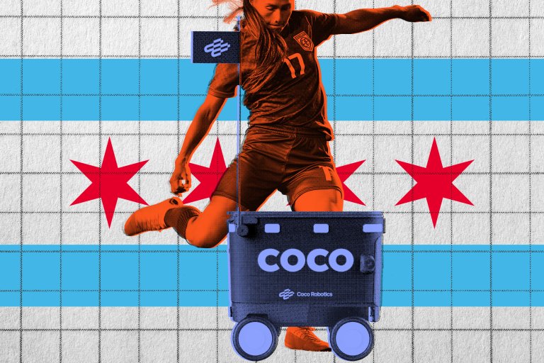 A stylized image of a soccer player in mid-air, wearing a uniform with the number 17, overlaid with an orange tint. In front of the player is a blue delivery robot labeled "COCO" and "Coco Robotics." The background features a grid pattern with two horizontal blue stripes and four red six-pointed stars, resembling the Chicago flag.