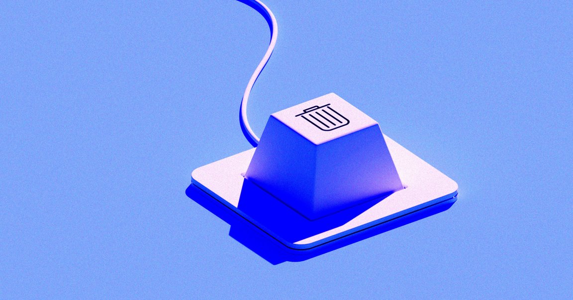A large computer keyboard key with a trash can icon on it, connected by a cable, set against a blue background with strong blue lighting and shadows.