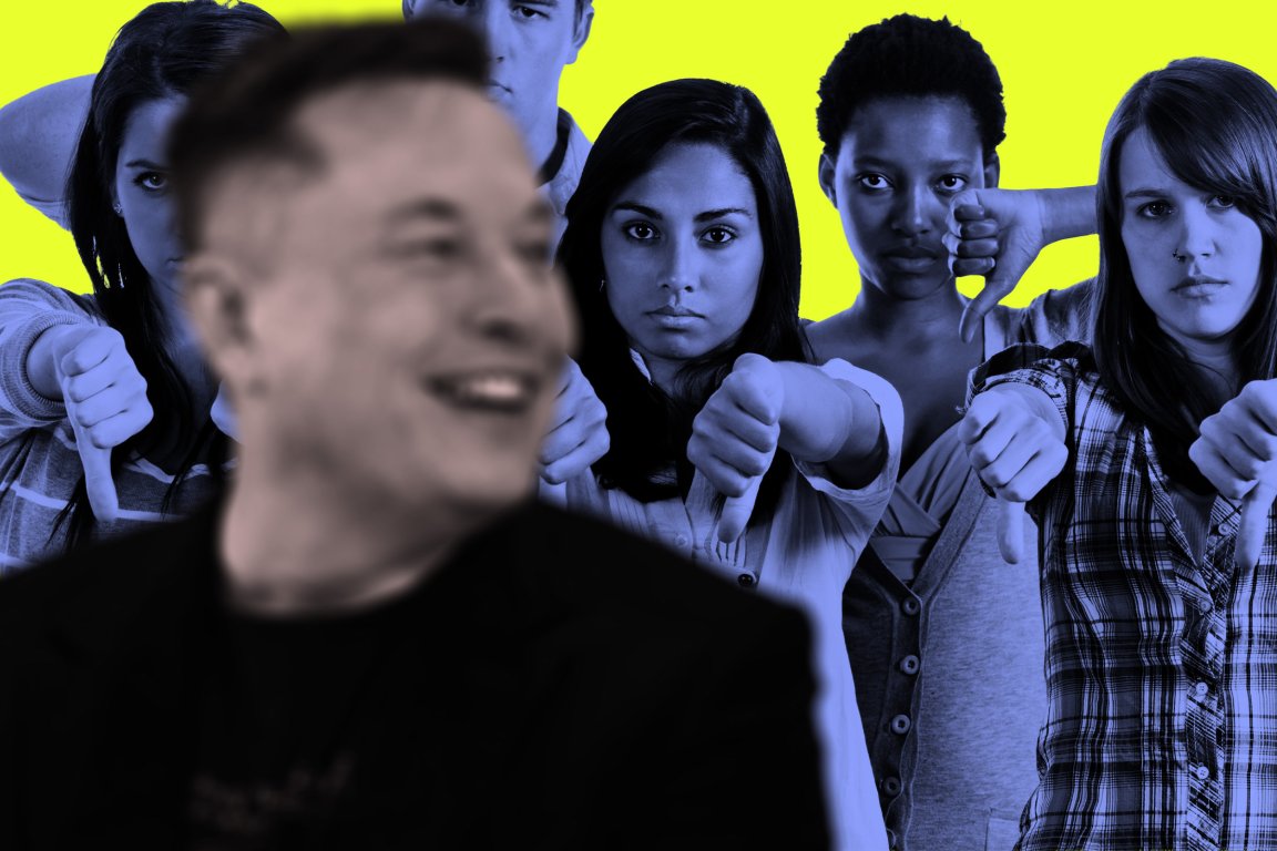 A group of five serious-faced people in blue tones are giving thumbs-down gestures against a bright yellow background. In the foreground, Elon Musk is smiling and blurred, contrasting with the disapproving expressions behind him.