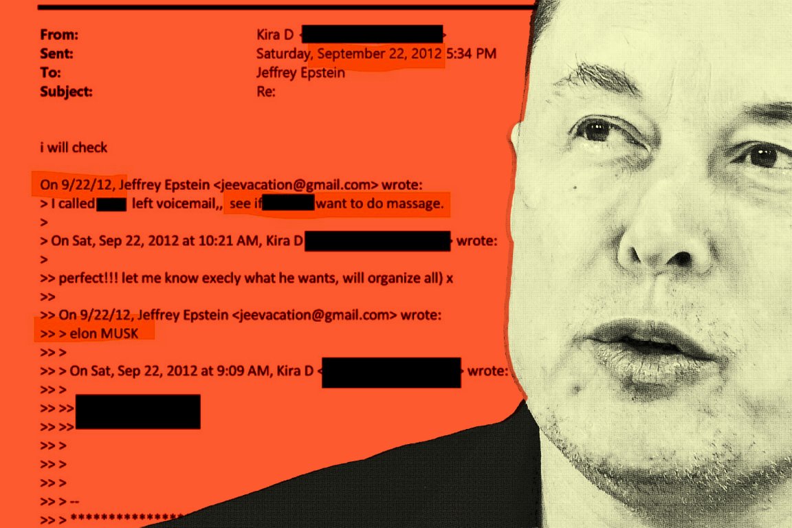 The image shows a close-up of Elon Musk's face on the right side, with a yellowish-green tint and a textured effect. On the left side, there is a red background displaying a partially redacted email conversation dated Saturday, September 22, 2012, between Kira D and Jeffrey Epstein. The email mentions organizing a massage and references "elon MUSK" in the text. Some parts of the email are blacked out for privacy.