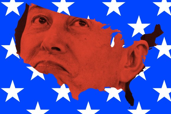 A red-tinted image of Elon Musk's face is overlaid within the shape of the United States. The background is blue with large white stars evenly spaced, resembling the American flag.