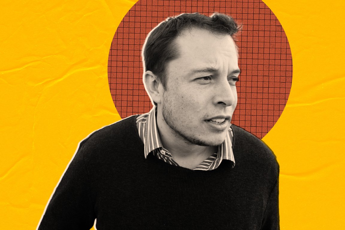 Elon Musk is shown in a black and white photo. He is wearing a dark sweater over a striped collared shirt and looking to the right. The background is bright yellow with a large red circle featuring a grid pattern behind his head.