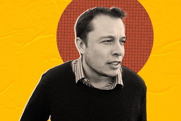 Elon Musk is shown in a black and white photo. He is wearing a dark sweater over a striped collared shirt and looking to the right. The background is bright yellow with a large red circle featuring a grid pattern behind his head.