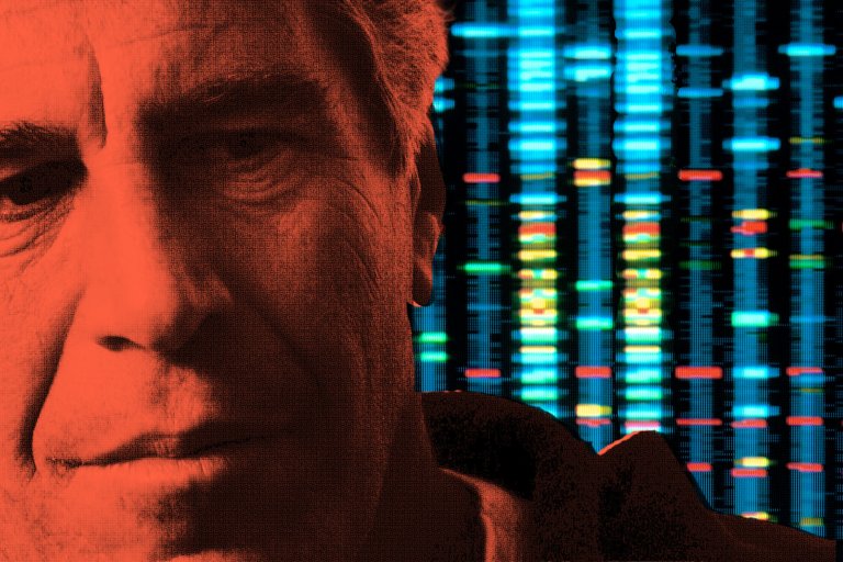 Close-up of Jeffrey Epstein's face with a red overlay on the left side of the image, showing detailed wrinkles and a neutral expression. The background on the right side features a colorful, digital representation of a DNA sequence with vertical blue bars and multicolored bands in red, yellow, and green.
