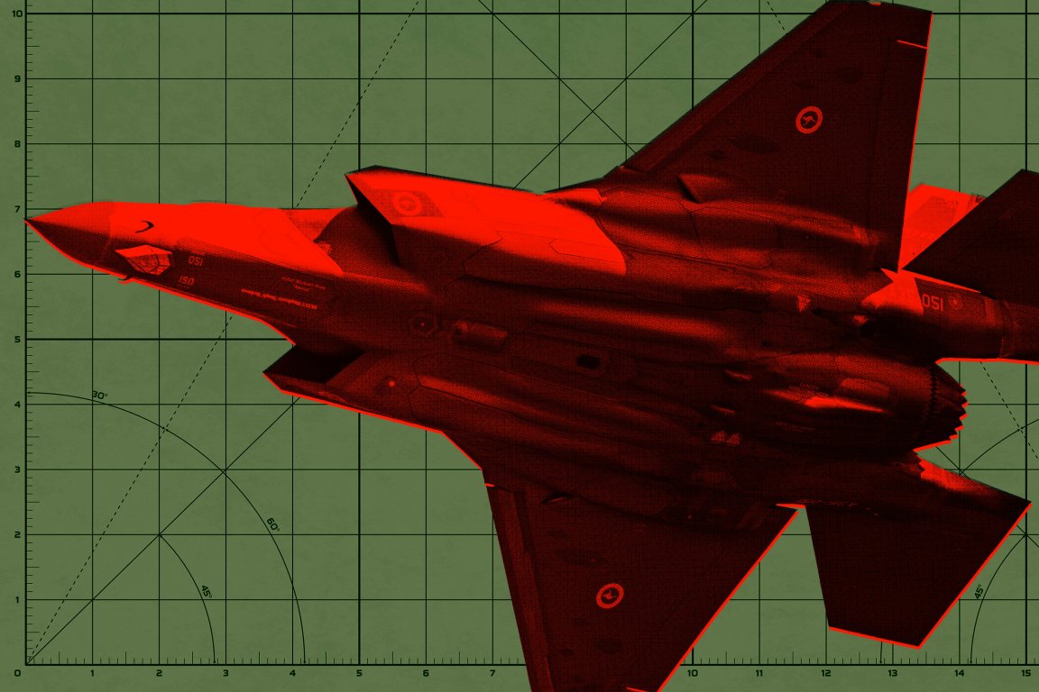 Stealth fighter jet viewed from above, highlighted in red against a green background with a grid and angular measurement markings. The jet has a sleek, angular design with twin tail fins and visible insignia on the wings and fuselage.
