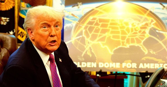 Donald Trump is seated in front of a large illuminated map of the United States. The map shows a golden dome covering the country with lines and points indicating connections. The partial text "GOLDEN DOME FOR AMERICA" is visible at the bottom of the map.