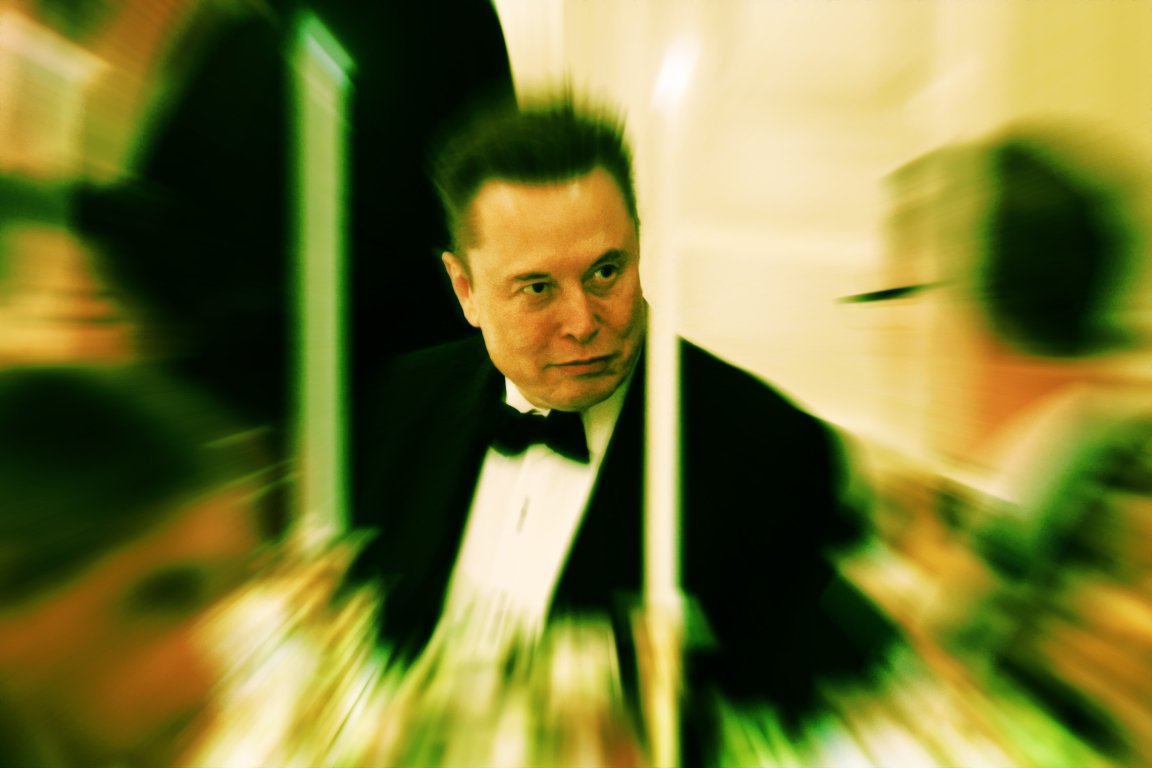 Elon Musk wearing a black tuxedo with a bow tie, captured with a zoom blur effect that creates a dynamic, radiating motion around him.