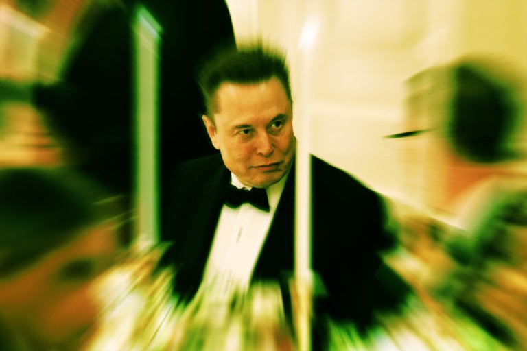 Elon Musk wearing a black tuxedo with a bow tie, captured with a zoom blur effect that creates a dynamic, radiating motion around him.