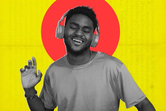 A young man wearing headphones is smiling with his eyes closed, appearing to enjoy music. He is dressed in a plain t-shirt and has a bracelet on his left wrist. The background features a bright yellow color with a large red circle behind his head, creating a vibrant and energetic atmosphere.