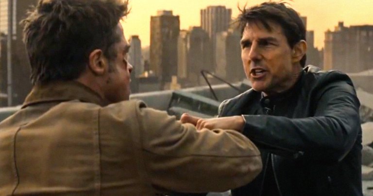 Screenshot from AI-generated video by Shokunin Studio showing Brad Pitt and Tom Cruise fighting.