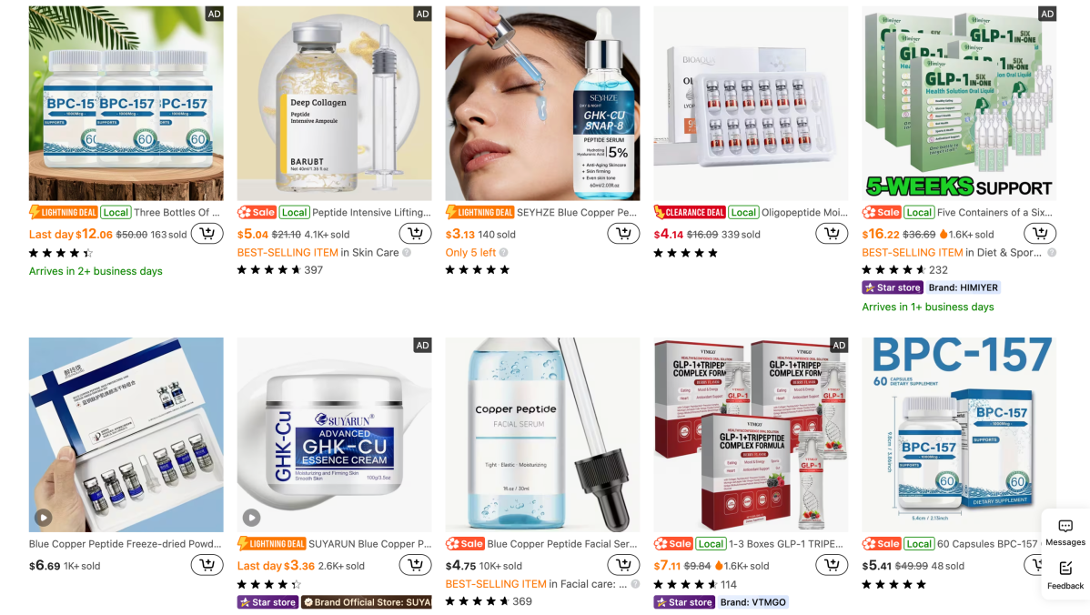 A screenshot of the eCommerce website, Temu. There are ten various peptide-like products listed for sale.