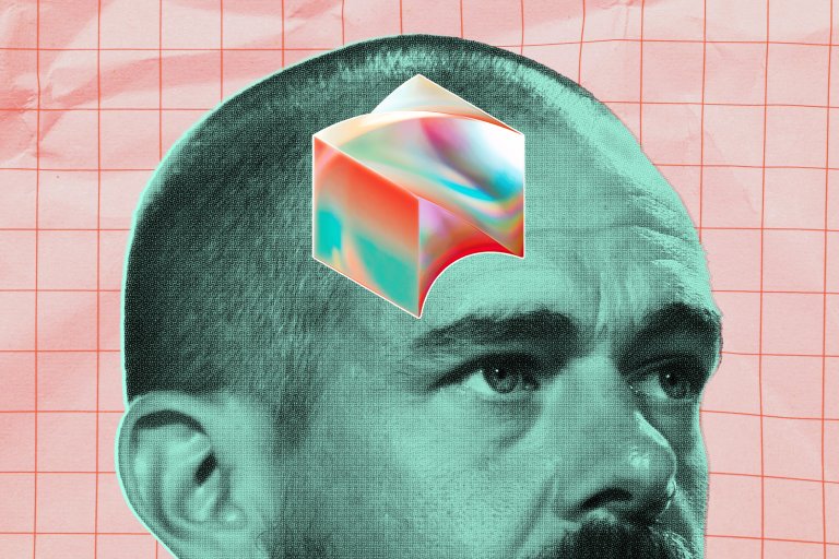 A close-up of Jack Dorsey's head, shown in a teal monochrome filter. On his forehead is the Block logo. The background features a pink grid pattern on a textured surface.