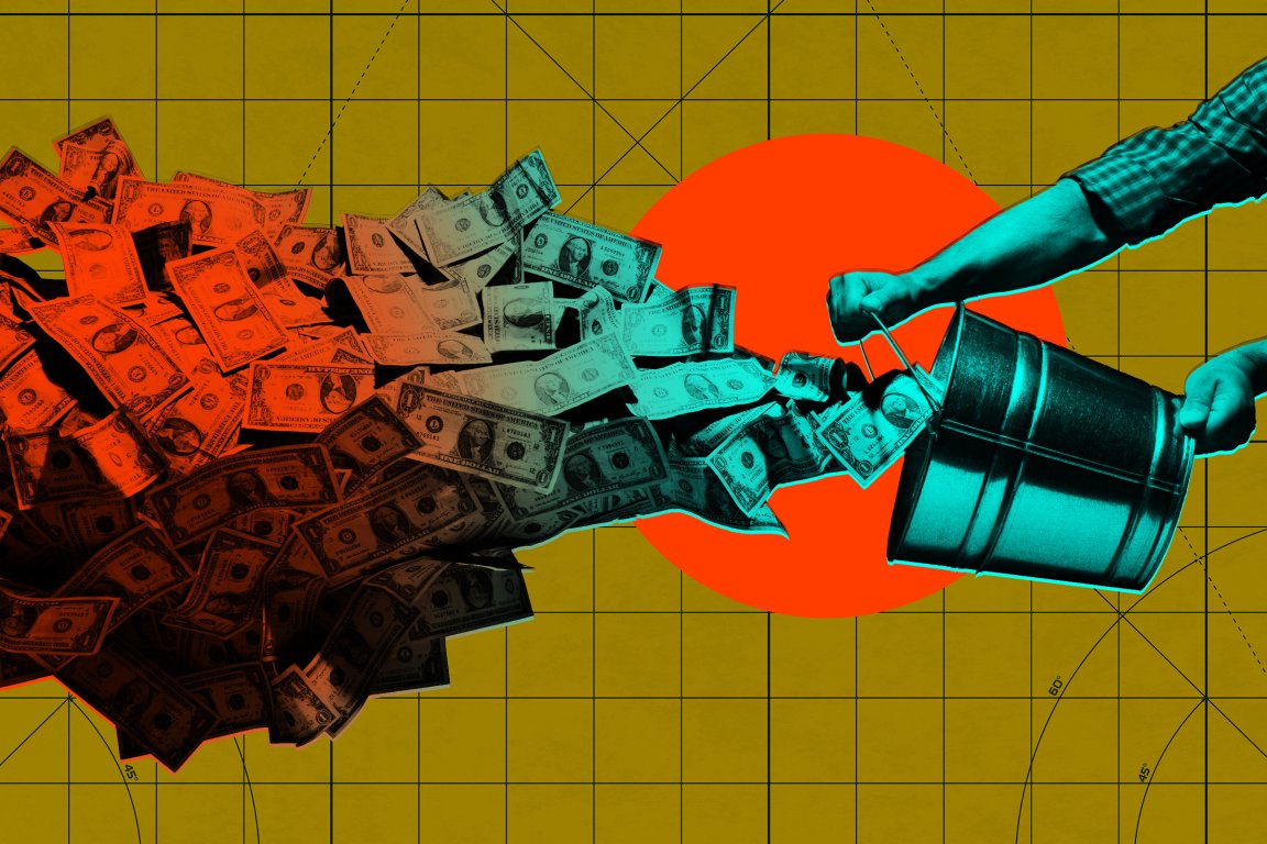 A pair of hands holding a metal bucket tilted, pouring out numerous one-dollar bills. The image has a stylized color effect with the hands and bucket in teal, the money transitioning from teal to red, and a large red circle in the background over a yellow grid pattern.