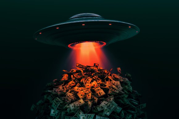 A dark, futuristic UFO emitting a bright red beam of light downward, illuminating a large pile of scattered US dollar bills beneath it. The scene has a mysterious and sci-fi atmosphere with the money glowing in the red light.