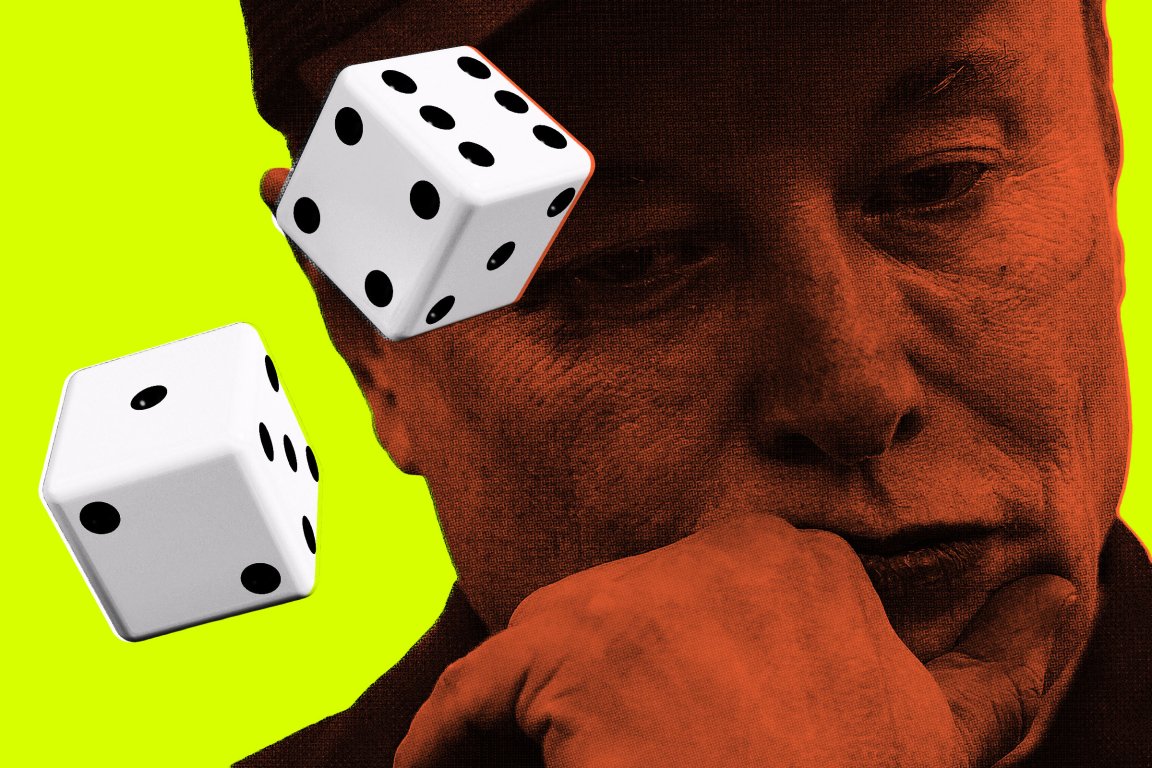 A close-up of a Elon Musk's face in a red monochrome filter, resting his chin on his hand with a contemplative expression. Two white dice with black dots are floating near his face against a bright yellow background.