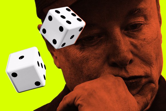 A close-up of a Elon Musk's face in a red monochrome filter, resting his chin on his hand with a contemplative expression. Two white dice with black dots are floating near his face against a bright yellow background.