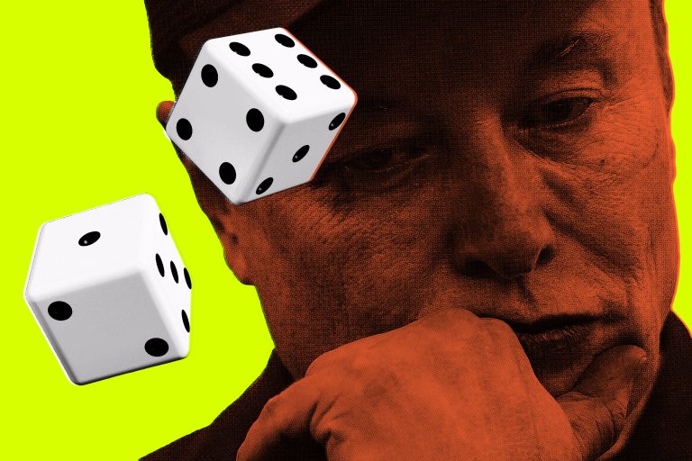 A close-up of a Elon Musk's face in a red monochrome filter, resting his chin on his hand with a contemplative expression. Two white dice with black dots are floating near his face against a bright yellow background.