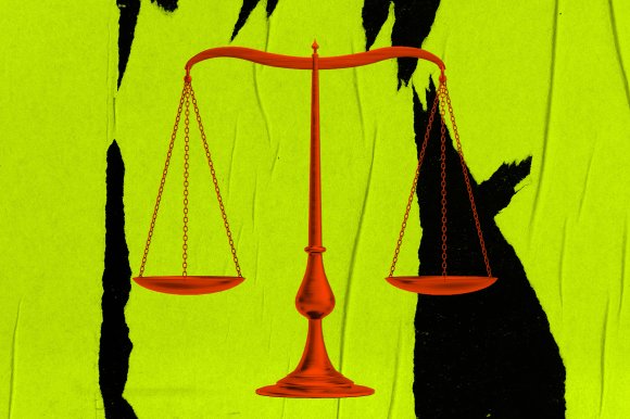 A red balance scale with two empty pans hanging from chains, set against a bright yellow-green background with irregular black shapes.