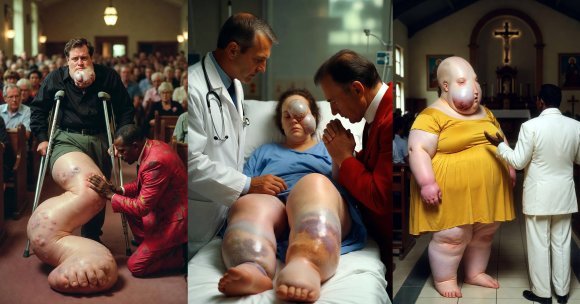 A triptych of surreal and unsettling scenes featuring AI-generated people with extreme, unnatural swelling and growths on their bodies.