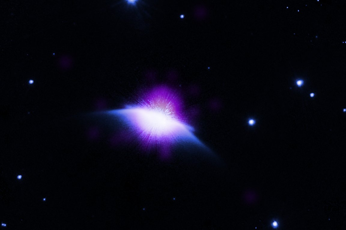 A bright, glowing celestial object emitting purple and white light, partially obscured by a dark, curved surface resembling a planet or moon, set against a backdrop of scattered stars in deep space.