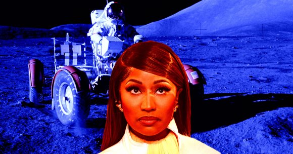 A close-up of the rapper Nicki Minaj, with straight hair and gold earrings, her face tinted red-orange, set against a blue-tinted lunar landscape with an astronaut driving a lunar rover in the background.