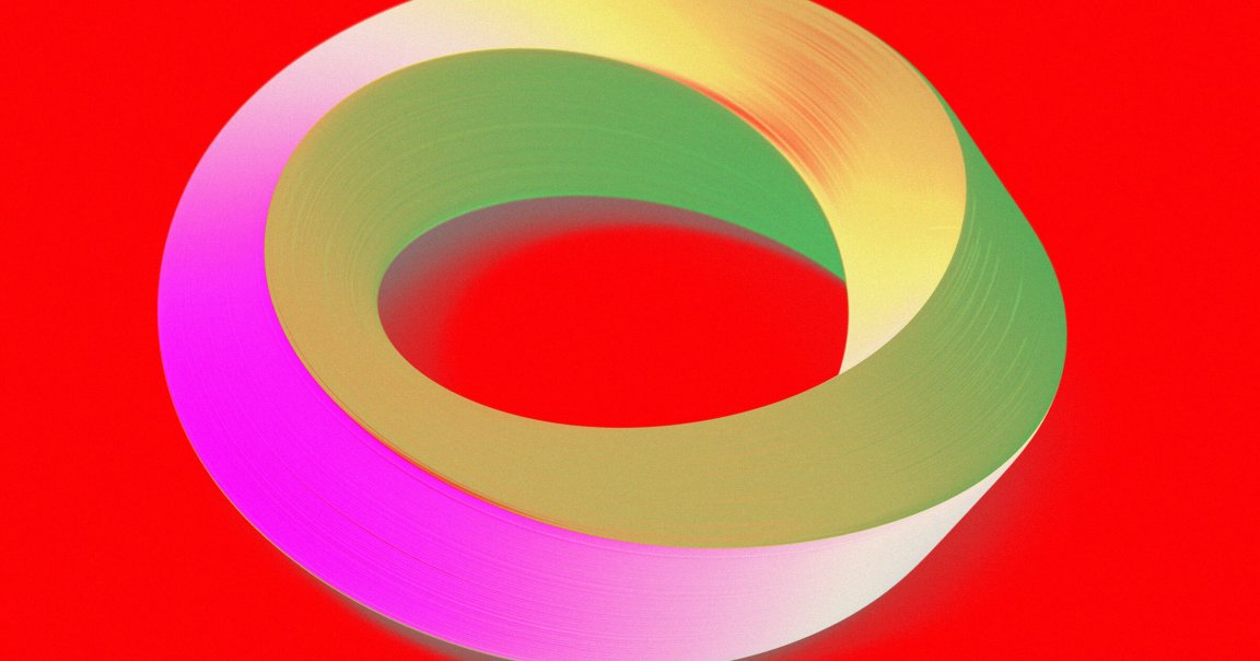 A colorful Möbius strip with a gradient of green, yellow, and pink hues on a solid bright red background. The strip has a smooth, slightly reflective surface.