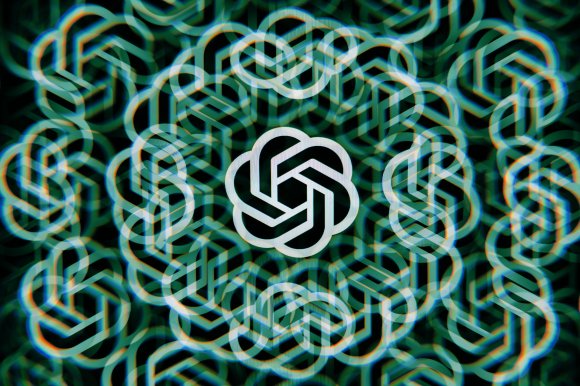 Multiple overlapping and blurred OpenAI logos in white on a dark background, creating a kaleidoscopic effect. The logos are arranged in a circular pattern with one clear logo in the center.